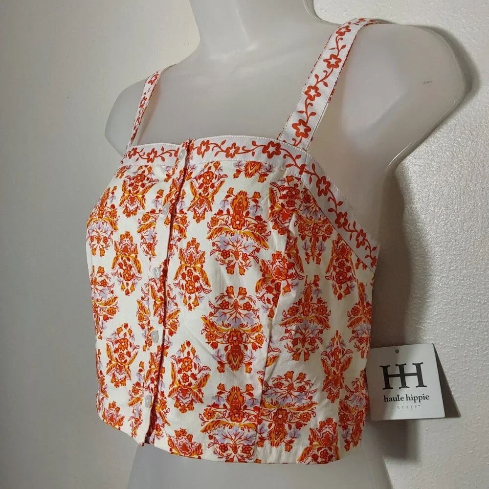 NWT Haute Hippie Sleeveless Floral Crop Top 100% Cotton Orange White - Large - Picture 3 of 9
